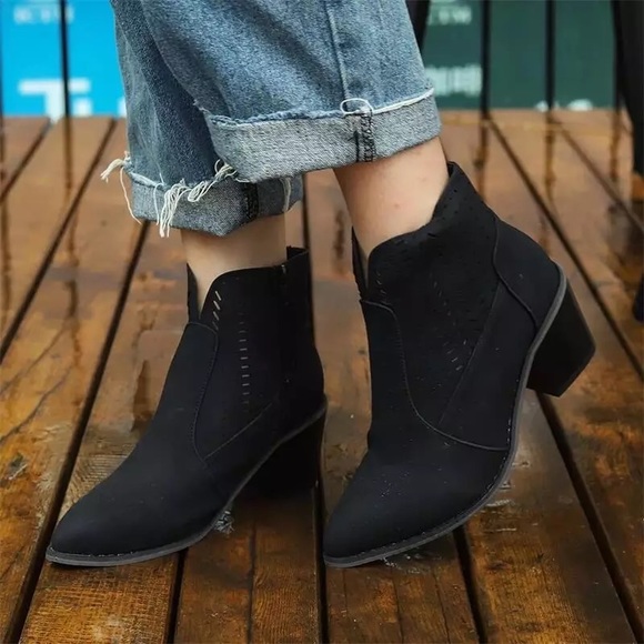 Black Laser Cutout Vegan Leather Heel Ankle Boots - Picture 4 of 8